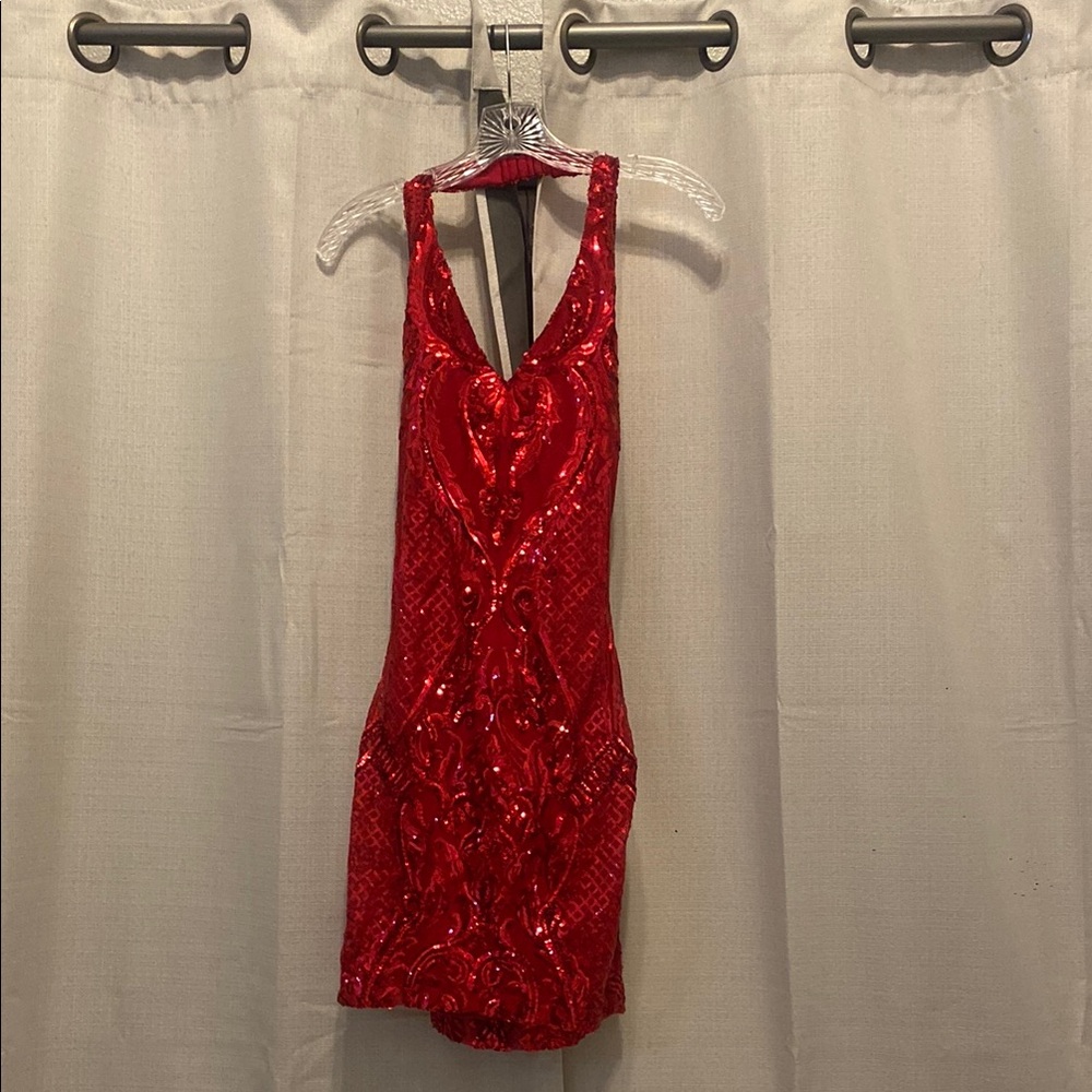 B Darlin Red Sequin Halter Bodycon Dress